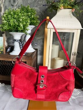 Y2K Red Suede Leather Shoulder Bag - Women's Handbag